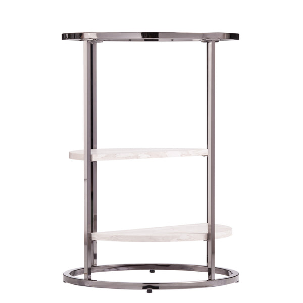 Homeroots 24" Black Metal Glass And Faux Marble Round End Table With Two Shelves   402441