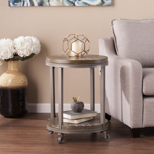 HomeRoots 24" Round End Table with Shelf - Industrial Brown Wood & Iron Design, Mobile Accent for Any Room 402444