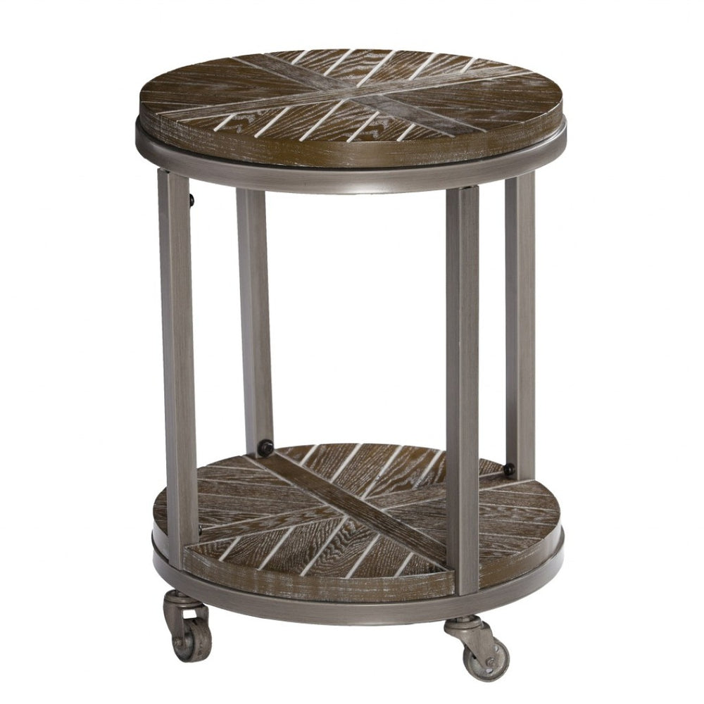 HomeRoots 24" Round End Table with Shelf - Industrial Brown Wood & Iron Design, Mobile Accent for Any Room 402444