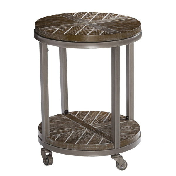 HomeRoots 24" Round End Table with Shelf - Industrial Brown Wood & Iron Design, Mobile Accent for Any Room 402444