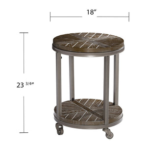 HomeRoots 24" Round End Table with Shelf - Industrial Brown Wood & Iron Design, Mobile Accent for Any Room 402444