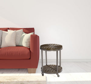 HomeRoots 24" Round End Table with Shelf - Industrial Brown Wood & Iron Design, Mobile Accent for Any Room 402444