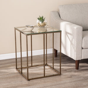 HomeRoots 24" Champagne Glass End Table – Modern Iron Frame, Space-Saving Design for Living Room & Decor 402449