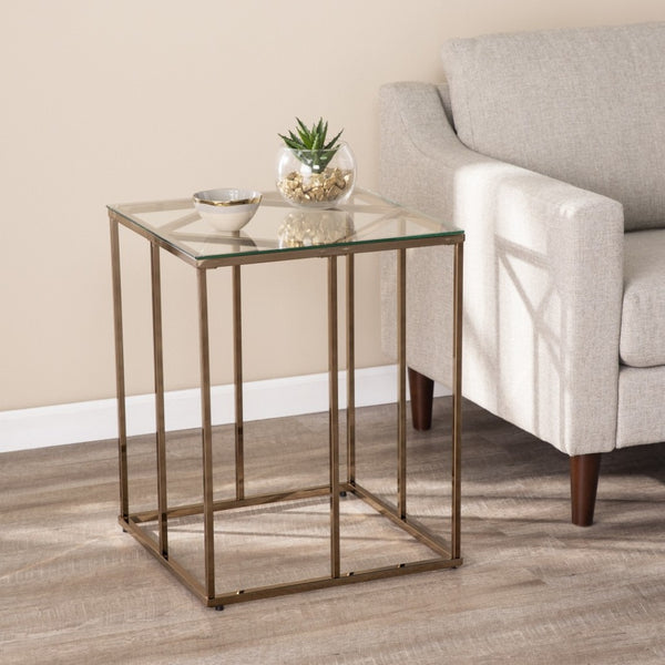 HomeRoots 24" Champagne Glass End Table – Modern Iron Frame, Space-Saving Design for Living Room & Decor 402449