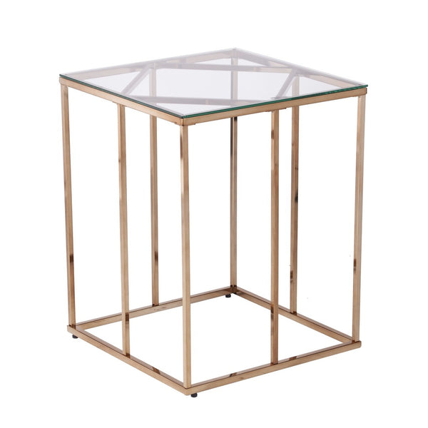 HomeRoots 24" Champagne Glass End Table – Modern Iron Frame, Space-Saving Design for Living Room & Decor 402449