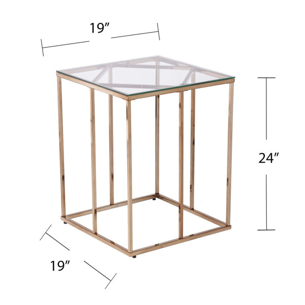 HomeRoots 24" Champagne Glass End Table – Modern Iron Frame, Space-Saving Design for Living Room & Decor 402449