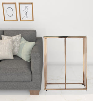 HomeRoots 24" Champagne Glass End Table – Modern Iron Frame, Space-Saving Design for Living Room & Decor 402449