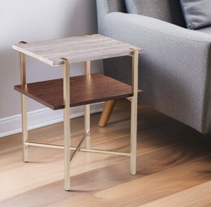 HomeRoots 24" Modern Brass End Table with Shelf - Compact Iron Frame, Two-Tier Design for Stylish Storage 402451