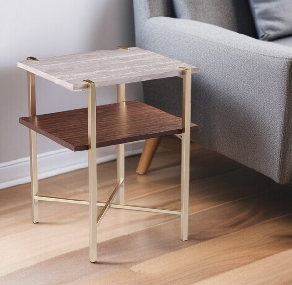 HomeRoots 24" Modern Brass End Table with Shelf - Compact Iron Frame, Two-Tier Design for Stylish Storage 402451