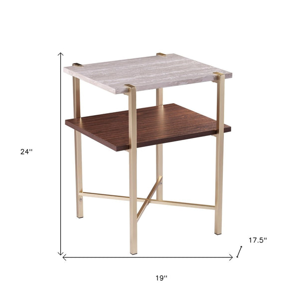 HomeRoots 24" Modern Brass End Table with Shelf - Compact Iron Frame, Two-Tier Design for Stylish Storage 402451