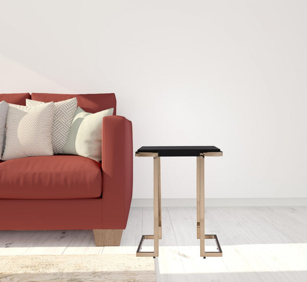 HomeRoots 24" Modern Black Geometric Metal End Table with Faux Shagreen Top - Versatile Accent for Any Room 402452