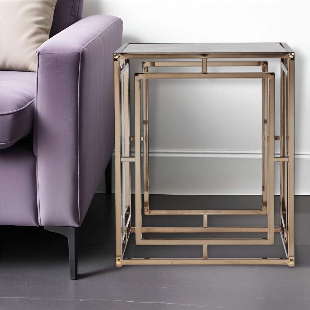 HomeRoots 23" Champagne Glass Iron End Table with Faux Marble Top - Chic, Versatile Accent for Any Space 402454