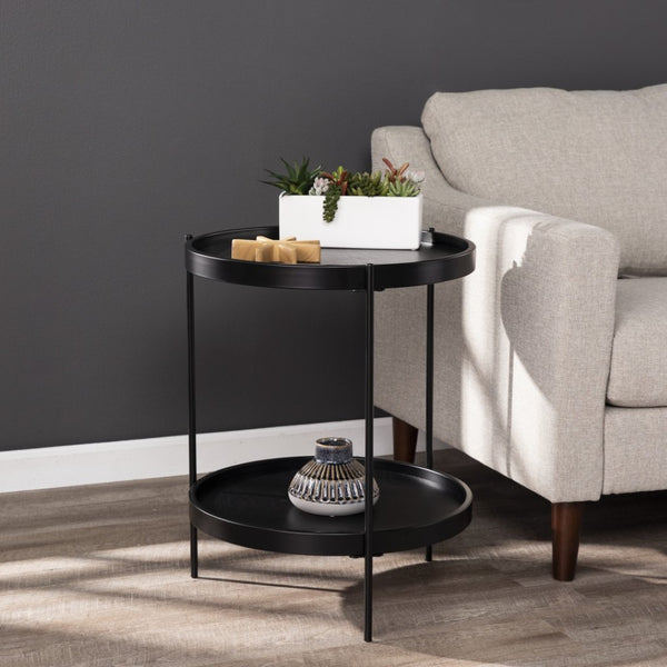 HomeRoots 24" Black Round End Table - Stylish Two-Tier Design with Shelf for Living Room, Bedroom & Entryway 402457