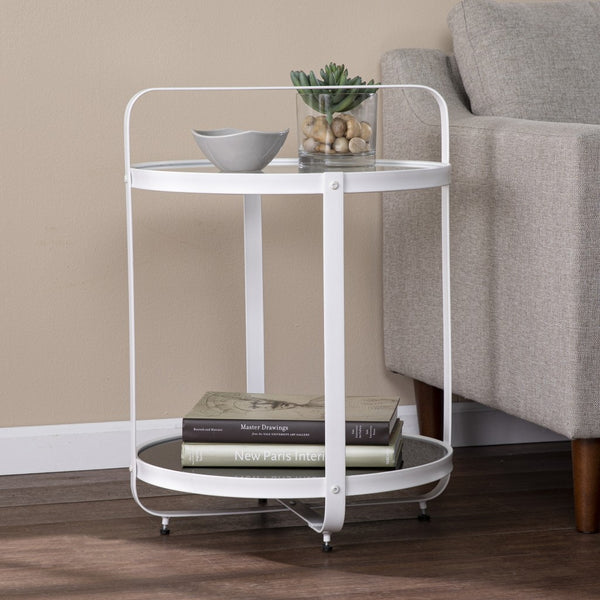 Homeroots 27" White Glass And Iron Round End Table With Shelf   402462
