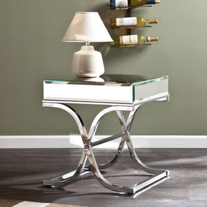 HomeRoots 22" Silver Mirrored Glass Square End Table – Chic Beveled Top, Sturdy Design for Modern Spaces 402467