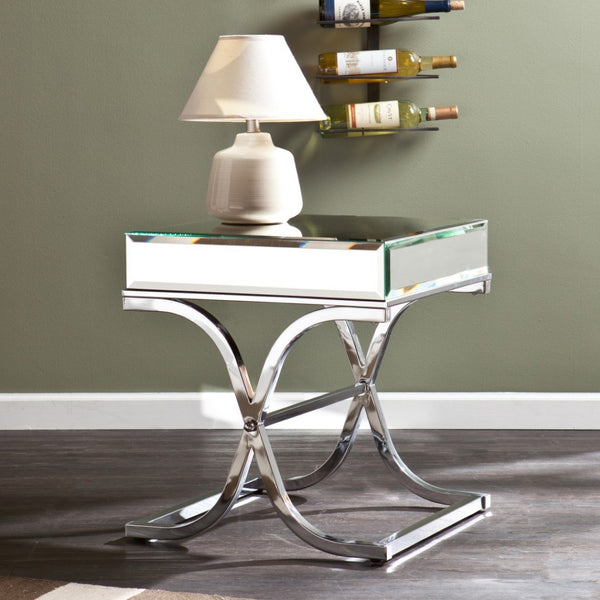 HomeRoots 22" Silver Mirrored Glass Square End Table – Chic Beveled Top, Sturdy Design for Modern Spaces 402467