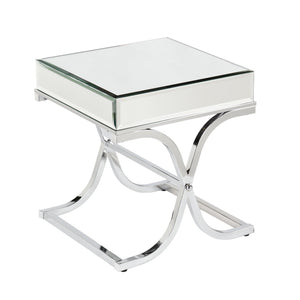 HomeRoots 22" Silver Mirrored Glass Square End Table – Chic Beveled Top, Sturdy Design for Modern Spaces 402467