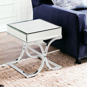 HomeRoots 22" Silver Mirrored Glass Square End Table – Chic Beveled Top, Sturdy Design for Modern Spaces 402467