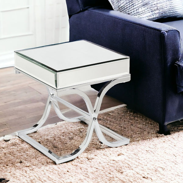 HomeRoots 22" Silver Mirrored Glass Square End Table – Chic Beveled Top, Sturdy Design for Modern Spaces 402467
