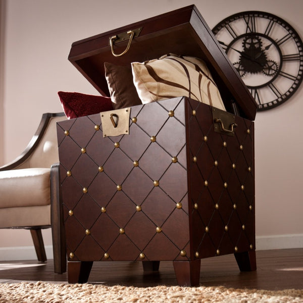 HomeRoots 24" Brown Manufactured Wood Square End Table with Hidden Storage & Decorative Details for Versatile Use 402474