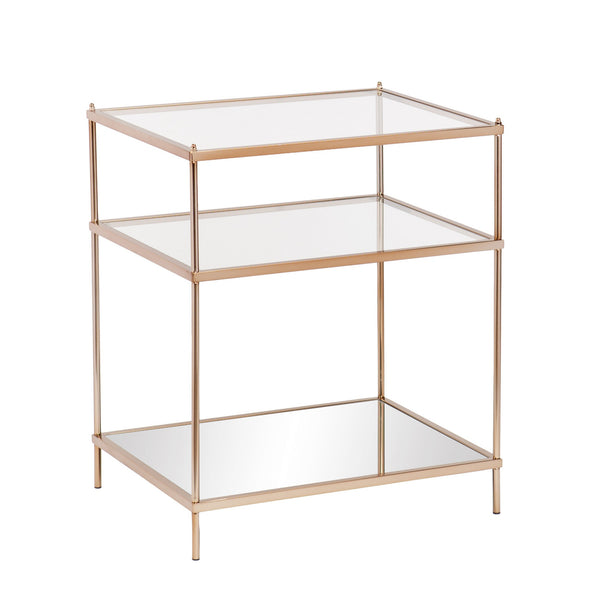 Homeroots 27" Gold And Clear Glass And Iron End Table With Mirrored Shelf   402479