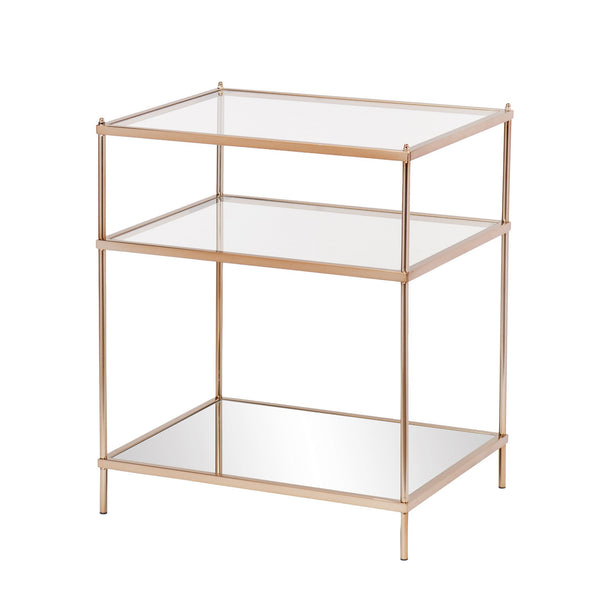 Homeroots 27" Gold And Clear Glass And Iron End Table With Mirrored Shelf   402479