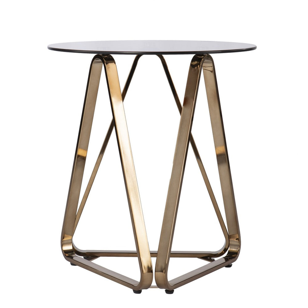 HomeRoots 24" Champagne Glass End Table with Geometric Iron Base - Modern Elegance for Any Space 402480