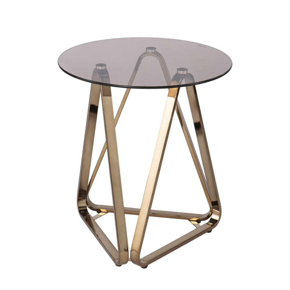 HomeRoots 24" Champagne Glass End Table with Geometric Iron Base - Modern Elegance for Any Space 402480
