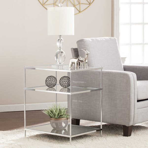 Homeroots 27" Chrome Glass And Iron Rectangular Mirrored End Table With Shelf   402481