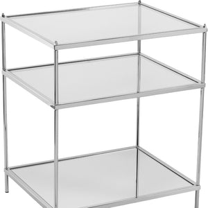 HomeRoots 27" Silver Mirrored Glass End Table with Iron Frame & Shelf - Art Deco Accent for Any Room 402481