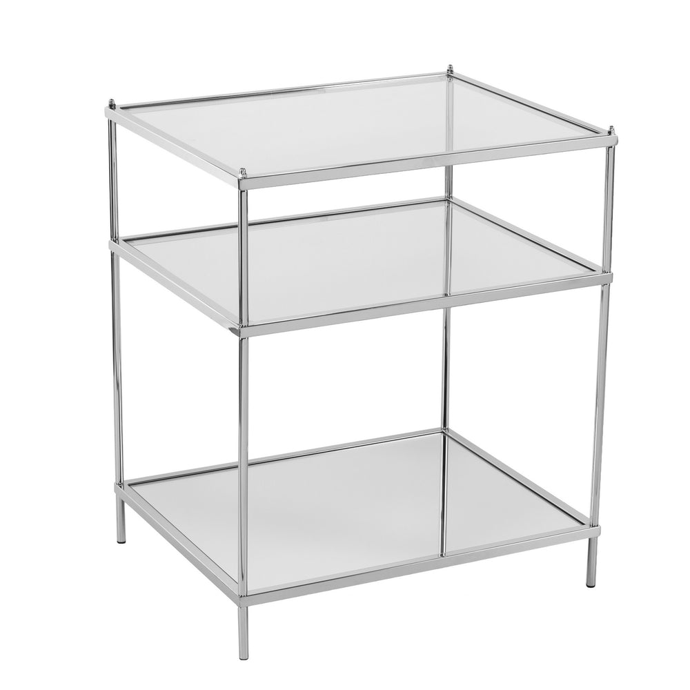 Homeroots 27" Chrome Glass And Iron Rectangular Mirrored End Table With Shelf   402481