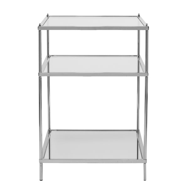 Homeroots 27" Chrome Glass And Iron Rectangular Mirrored End Table With Shelf   402481