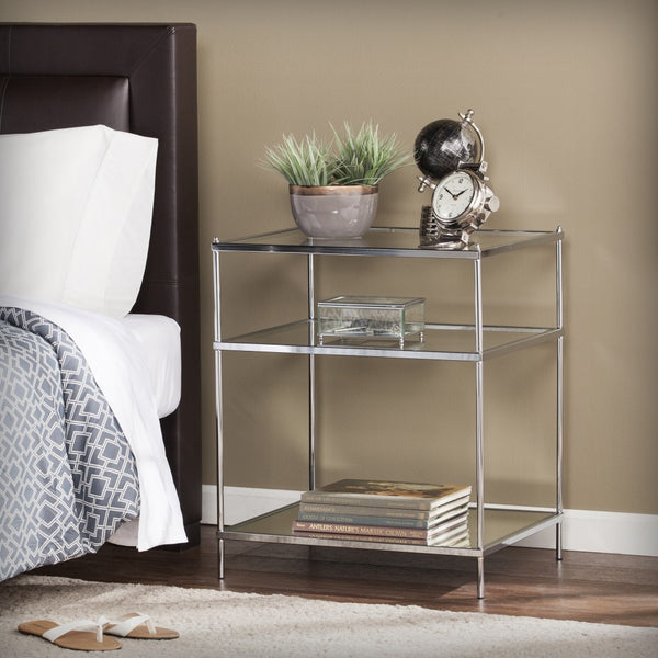 Homeroots 27" Chrome Glass And Iron Rectangular Mirrored End Table With Shelf   402481