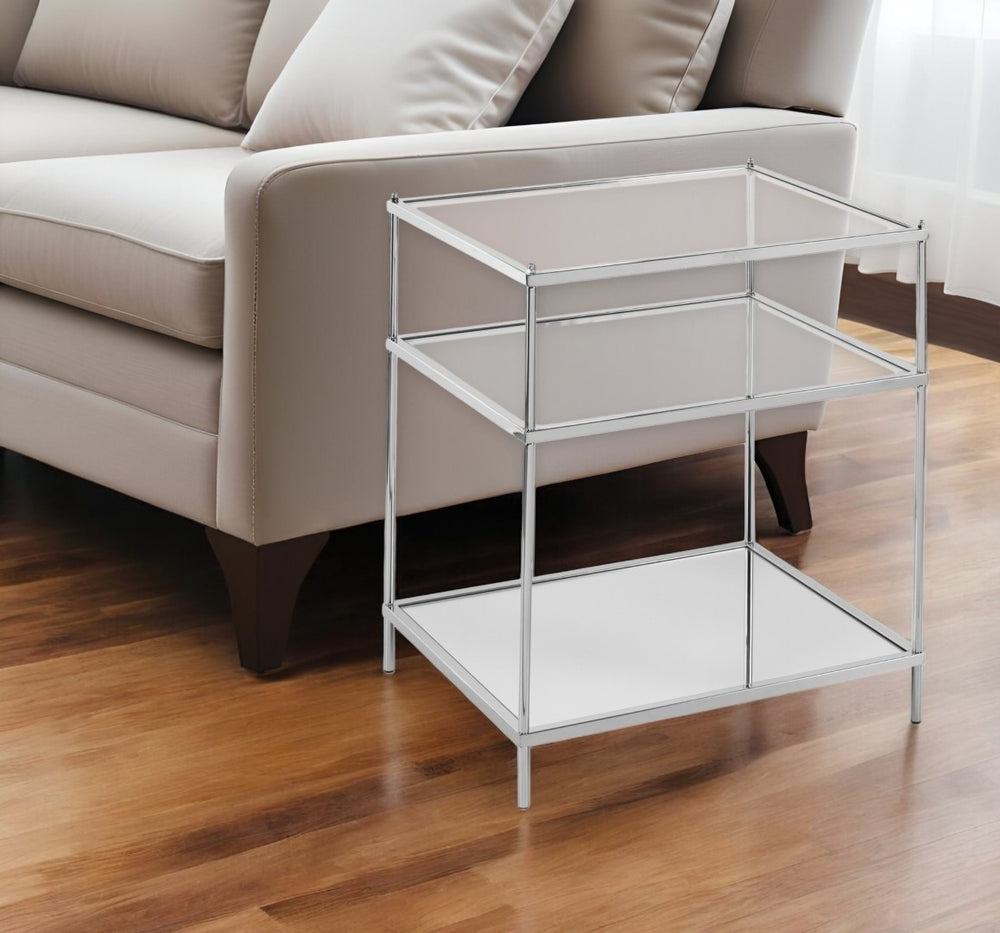 HomeRoots 27" Silver Mirrored Glass End Table with Iron Frame & Shelf - Art Deco Accent for Any Room 402481