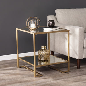 HomeRoots 24" Gold Mirrored Glass End Table with Open Shelf - Modern Glamorous Design for Living Spaces 402483