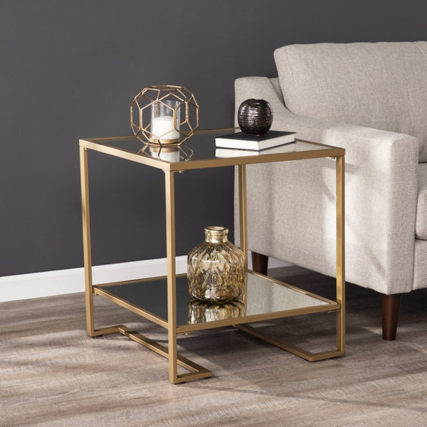 HomeRoots 24" Gold Mirrored Glass End Table with Open Shelf - Modern Glamorous Design for Living Spaces 402483
