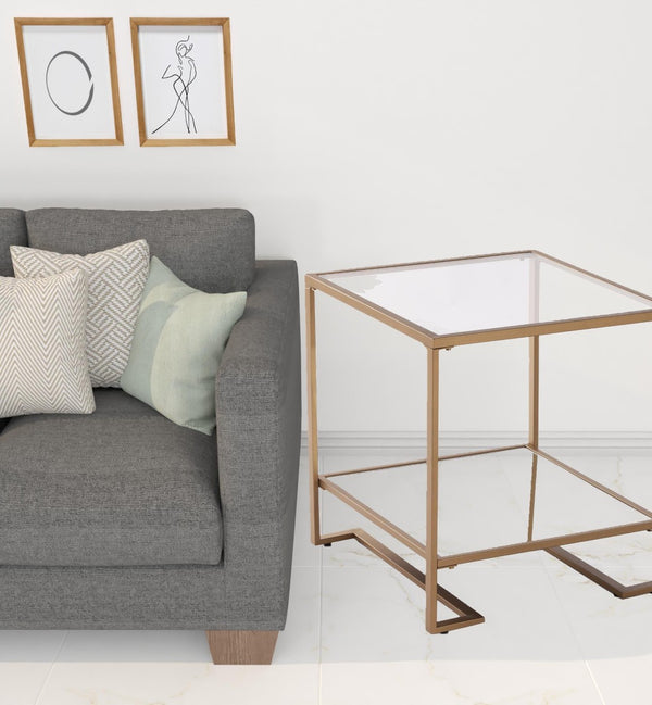 HomeRoots 24" Gold Mirrored Glass End Table with Open Shelf - Modern Glamorous Design for Living Spaces 402483