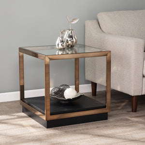 Homeroots 22" Champagne Glass And Iron Square End Table With Shelf   402484