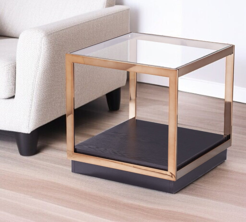 HomeRoots 22" Champagne Glass Top End Table with Iron Frame - Modern Nightstand & Stylish Accent Piece! 402484