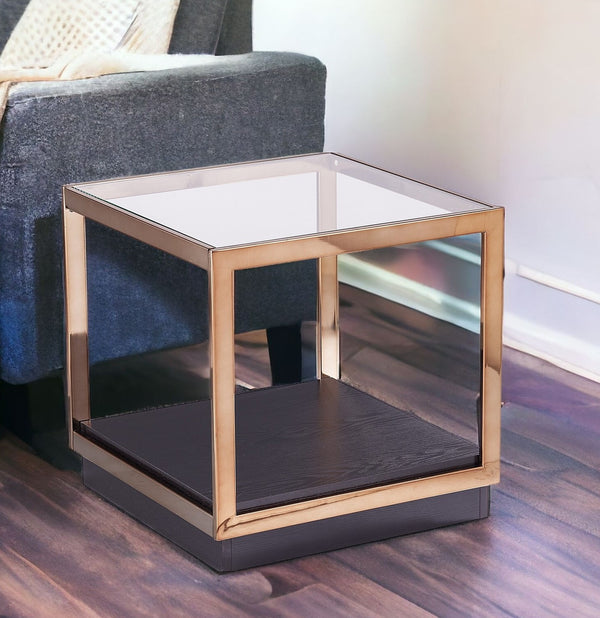 Homeroots 22" Champagne Glass And Iron Square End Table With Shelf   402484