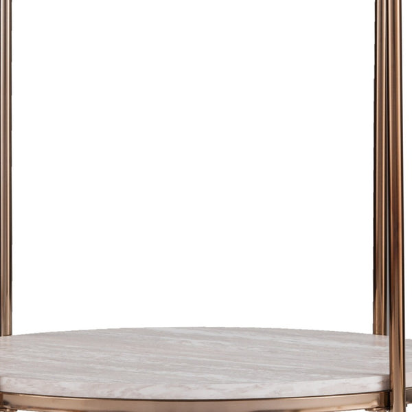 HomeRoots 24" Champagne Round End Table - Modern Faux Marble Top with Iron Frame & Lower Shelf for Storage 402485