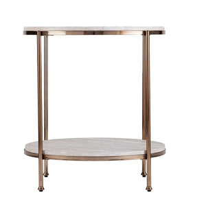 HomeRoots 24" Champagne Round End Table - Modern Faux Marble Top with Iron Frame & Lower Shelf for Storage 402485