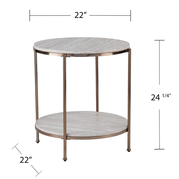 HomeRoots 24" Champagne Round End Table - Modern Faux Marble Top with Iron Frame & Lower Shelf for Storage 402485