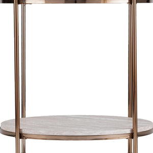 HomeRoots 24" Champagne Round End Table - Modern Faux Marble Top with Iron Frame & Lower Shelf for Storage 402485