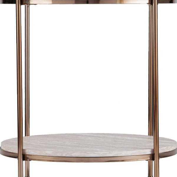 HomeRoots 24" Champagne Round End Table - Modern Faux Marble Top with Iron Frame & Lower Shelf for Storage 402485