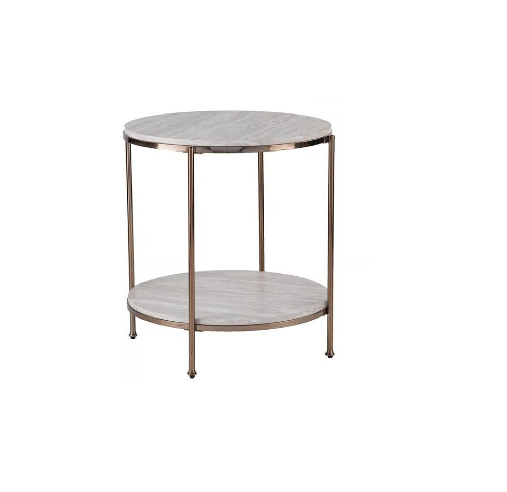 HomeRoots 24" Champagne Round End Table - Modern Faux Marble Top with Iron Frame & Lower Shelf for Storage 402485