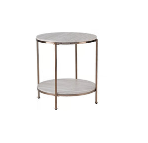 HomeRoots 24" Champagne Round End Table - Modern Faux Marble Top with Iron Frame & Lower Shelf for Storage 402485