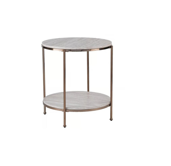 HomeRoots 24" Champagne Round End Table - Modern Faux Marble Top with Iron Frame & Lower Shelf for Storage 402485