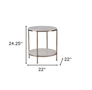 HomeRoots 24" Champagne Round End Table - Modern Faux Marble Top with Iron Frame & Lower Shelf for Storage 402485