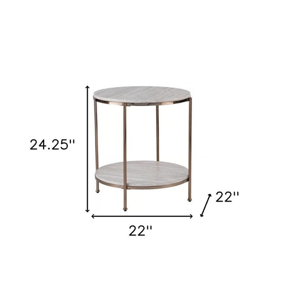 HomeRoots 24" Champagne Round End Table - Modern Faux Marble Top with Iron Frame & Lower Shelf for Storage 402485